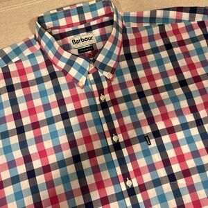 Barbour Shirt Mens US XL EU 3XL Pink Blue Plaid Regular Fit Cotton Casual Preppy